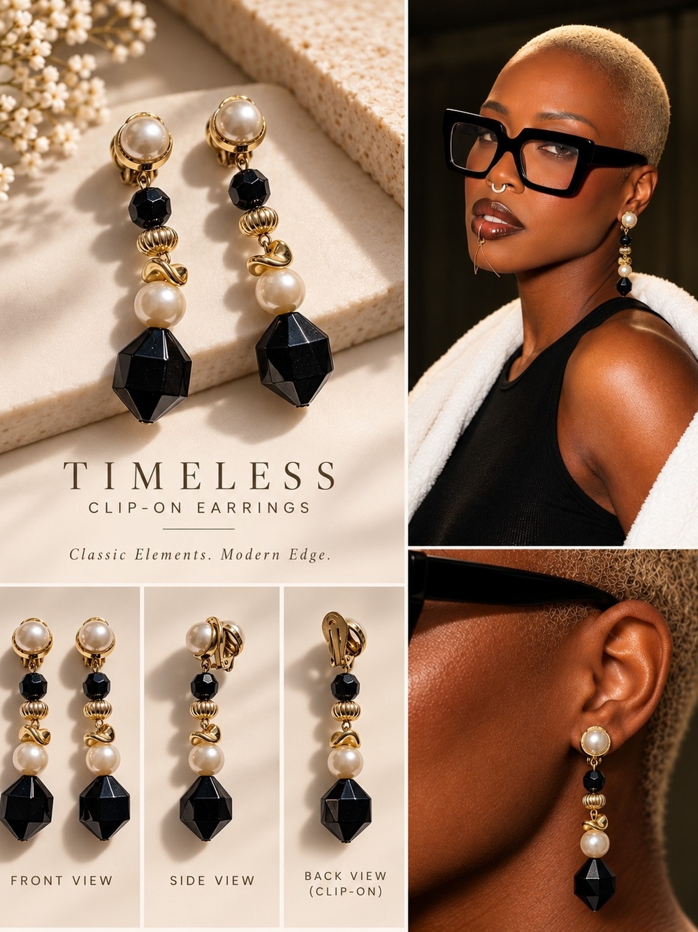 Timeless Clip-On Drop Earrings — Black, Pearl & Gold